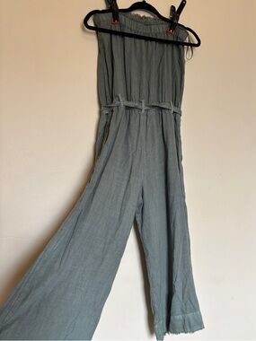 Anthropologie Cloth & Stone Sz M Tencel Fringe Utility Romper Pockets Strapless